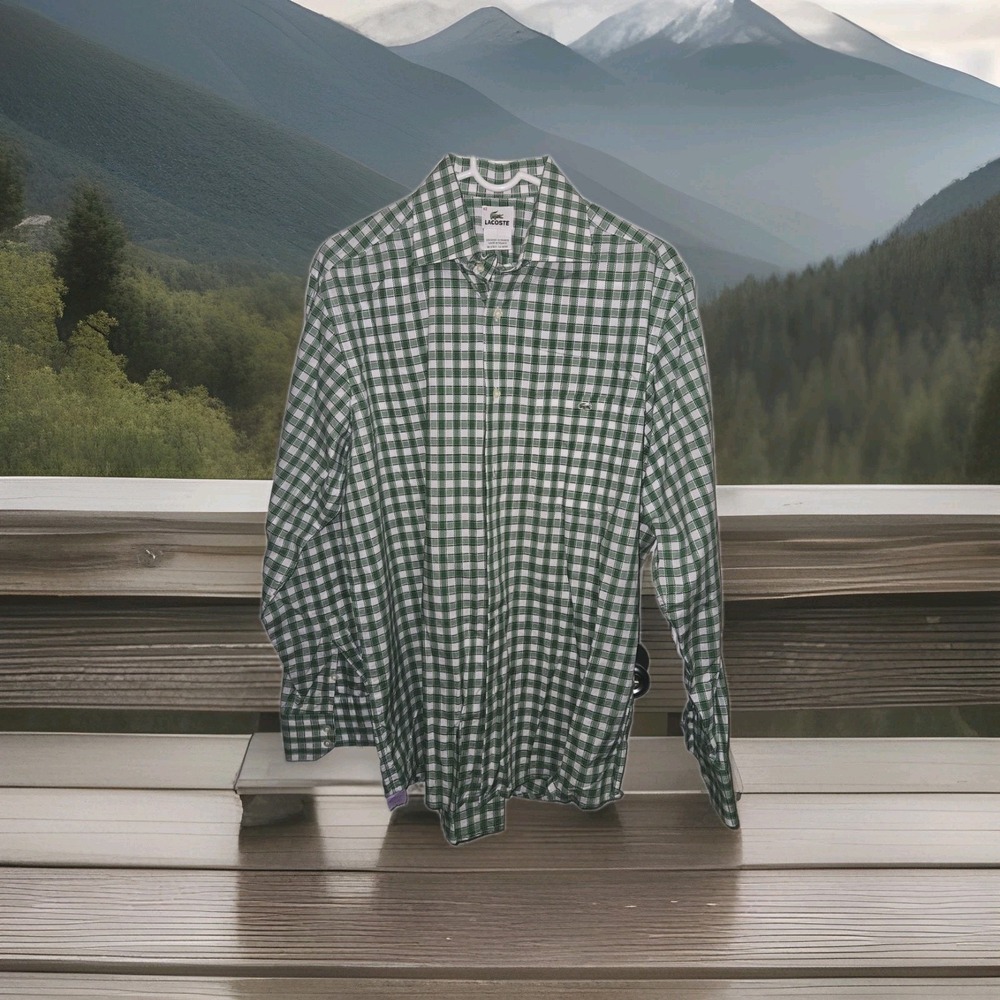 Lacoste Men's 42 XL Button Down Long Sleeve 2 Tone Green Checkered Gingham Shirt